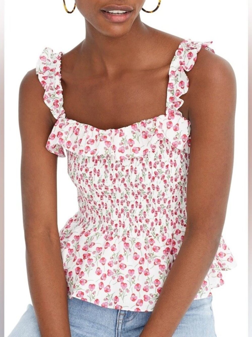 J. CREW x Liberty Rose Floral Fabric Smocked Ruffle Tank Top Women's Size M